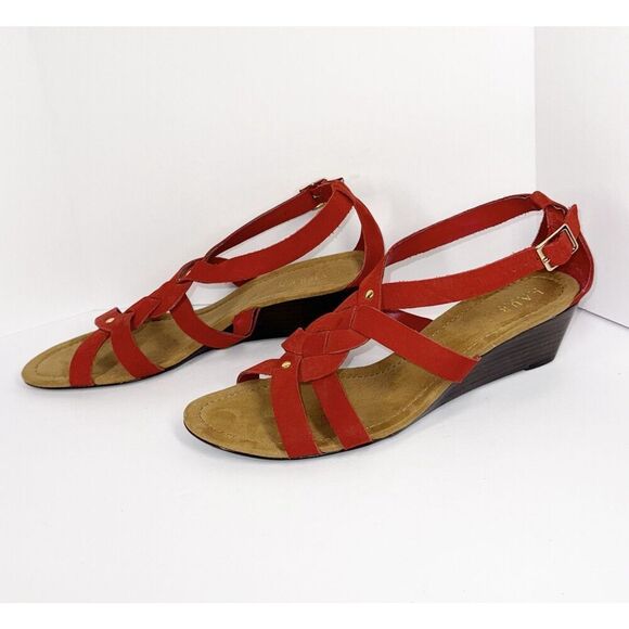 Ralph Lauren Demi Wedge Sandal Red Leather Strappy Gold Buckle Comfort 9.5 B - Picture 1 of 16